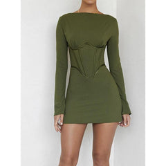 Long-sleeved fish bone waist slim backless dress