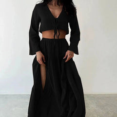 Cardigan V-neck Lace-up Slit Two-piece Suit