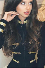 Gold Wire Decorative Buttons Long Sleeve Black Jacket