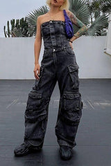 Top Waist Shaping Multi-Pocket Denim Jumpsuit