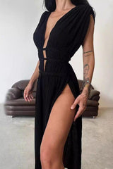 Braided Belt Hollow Slit Long dress