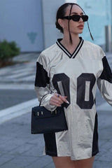 V-neck Mesh Splicing Long-sleeved T-shirt