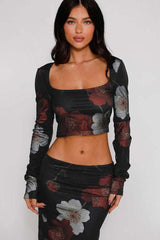 Long-Sleeved Floral Printed Skirt Suit