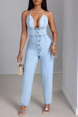 Low-cut Slim One-piece Denim Trousers