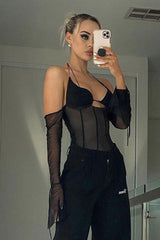 Mesh long-sleeved chest-wrapped Top