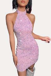 Halter Neck Backless Glitter Mini Dress