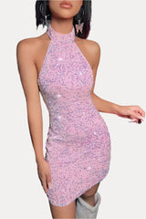 Halter Neck Backless Glitter Mini Dress