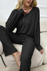 Waffle Knit Tops Lace-up Trousers Two-piece Set