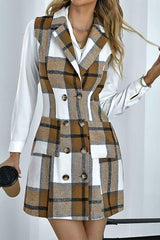 Double-breasted sleeveless slim-fit cardigan plaid dress