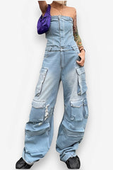 Top Waist Shaping Multi-Pocket Denim Jumpsuit