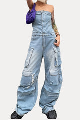 Top Waist Shaping Multi-Pocket Denim Jumpsuit