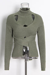 Hollow high neck tie elastic slim short sweater