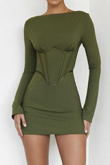 Long-sleeved fish bone waist slim backless dress