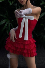 Bow vest spliced lotus leaf dress