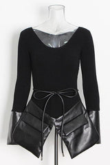 Irregular stitching knitted leather round neck slim sweater