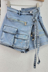 Irregular multi-pocket denim shorts