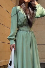 V-Neck Pleated Design High Waist Slim Dress