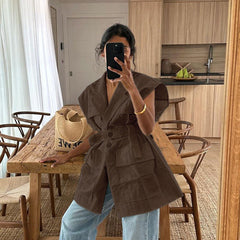 Button V Neck Belted Sleeveless Vest