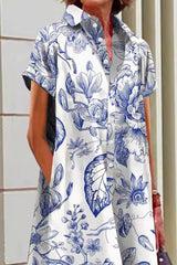 Blue and White Design Pocket Shirt Dress