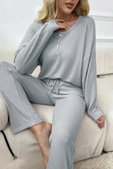 Waffle Knit Tops Lace-up Trousers Two-piece Set