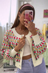 Flower Pattern Cardigan Button Knitted Sweater