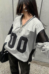 V-neck Mesh Splicing Long-sleeved T-shirt