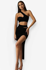 Threaded one-shoulder vest side-slit skirt Dress