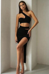 Threaded one-shoulder vest side-slit skirt Dress