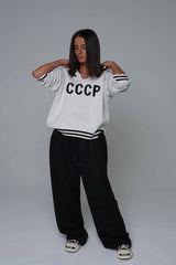 CCCP Letter Embroidery Stand Collar Hollow Knit Sweater