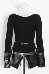 Irregular stitching knitted leather round neck slim sweater