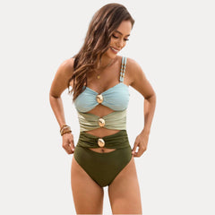 metal button one-piece swimsuit