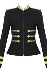 Gold Wire Decorative Buttons Long Sleeve Black Jacket