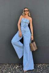 Splicing Tube Top Denim Jumpsuit