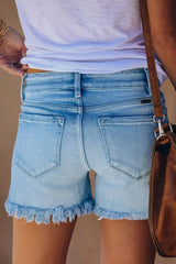 Fringed Solid Denim Shorts