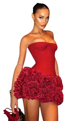 Strapless Corset Floral Ruffle Red Dress