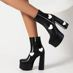 White Hearts Black Platform Boots