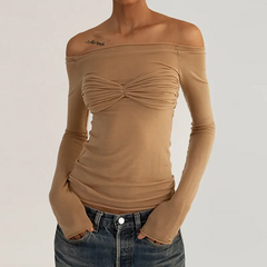 Beige Long Sleeve See Through Knit Off The Shoulder Top