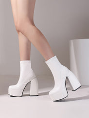 White Edgy Chunky Heeled Platform Boots