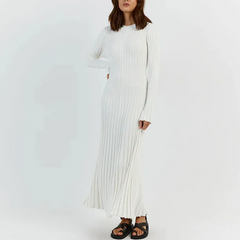 White Long Sleeve Knit Midi Dress