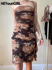 Vintage Floral Print Woman Long Dress Summer Fashion Street Chest Wrapping Ruched Hem Mid Dresses Elegant Costume