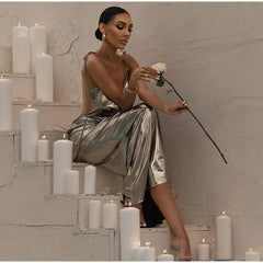 Metallic Shiny Backless Cowl V Neck Dress