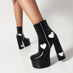 White Hearts Black Platform Boots