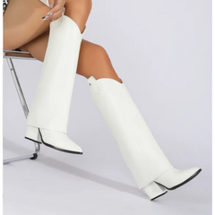 White Western Style Boots With Covered Block Heel