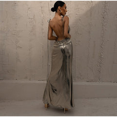 Metallic Shiny Backless Cowl V Neck Dress