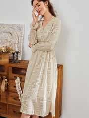 floral print dress Elegant  puff sleeve a line v neck sash dress High waist work wear office lady dress