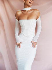White Long Sleeve Mesh Corset Cocktail Midi Dress
