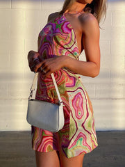 Wave Print Sexy Backless Halter Dress Party Summer Sleeveless Short Dress Elegant 90S Fashion Streetwear