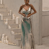 Metallic Shiny Backless Cowl V Neck Dress
