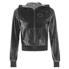 VibeMartini Y2K  Gray Jackets Velvet Casual Sweatshirt Harajuku Streetwear Zippers Pockets Hooded Coats Vintage Autumn Cloth