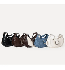 Blue Denim Buckle-Detail Shoulder Bag